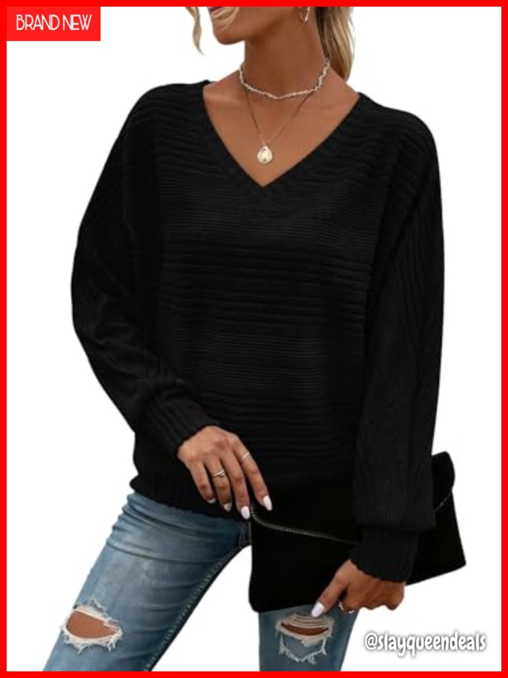 RICHSTORY V-Neck Batwing Sleeve Tunic Pullover Sweater